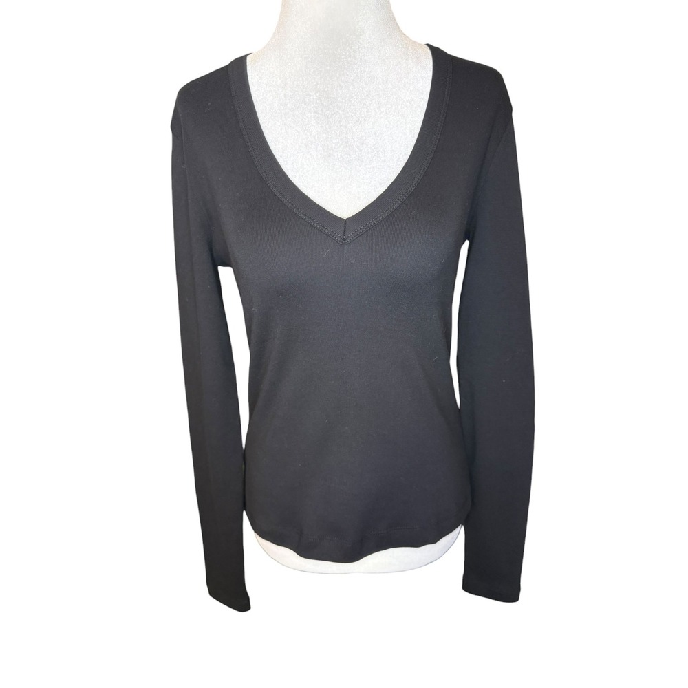 Madewell The '90s V-Neck Long-Sleeve Tee in Compact Cotton Jet Black Size M NEW